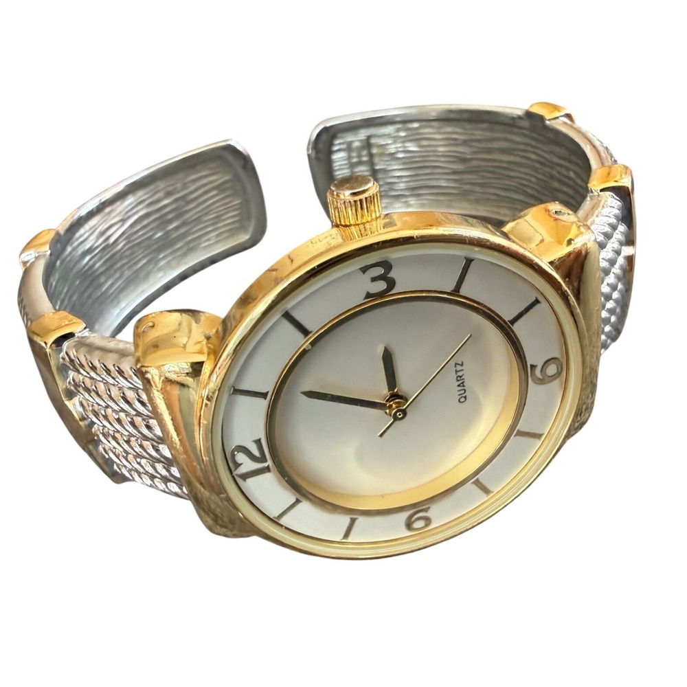 Avon ACT Womens Two Tone Gold Silver Cable Cuff Bangle Watch Quartz SR626SW